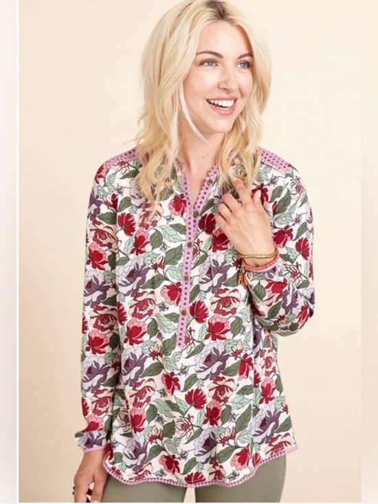 Matilda Jane Tops - Matilda Jane Floral Rayon Tunic Blouse Purple Polka Dot Trim Large